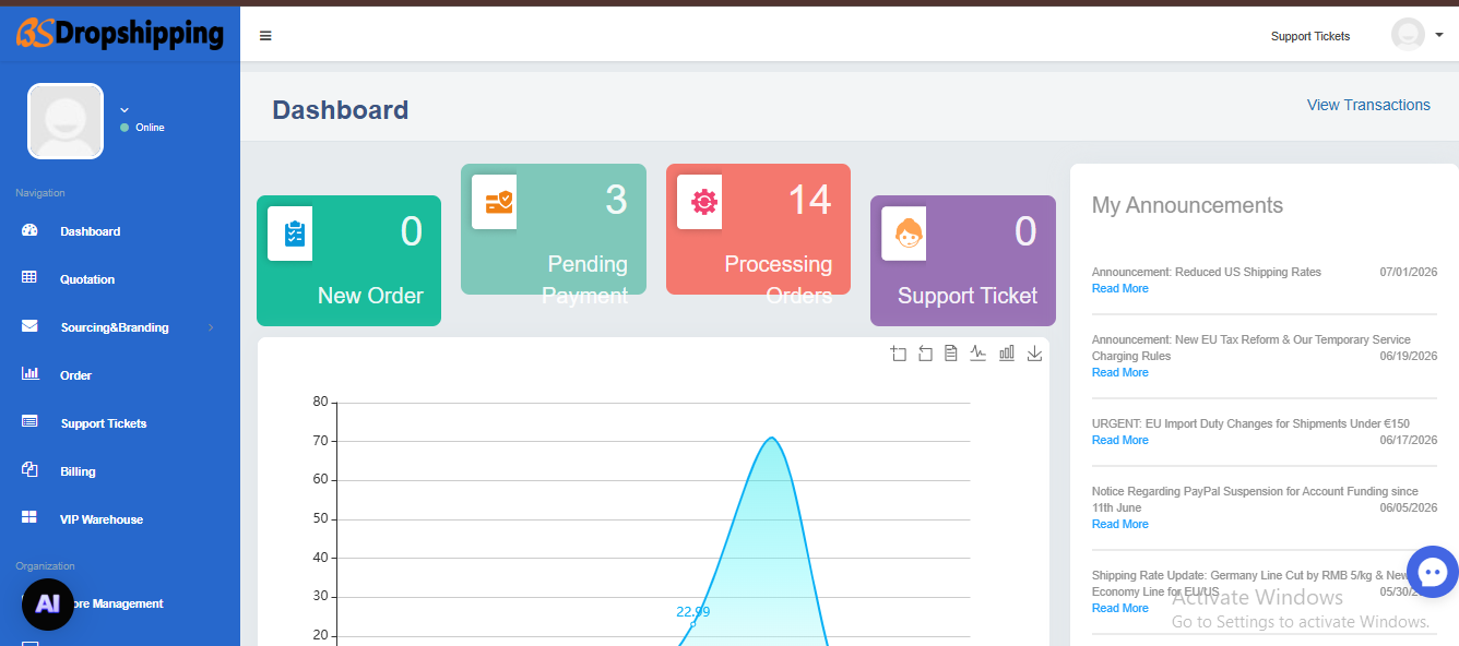 BSDropshipping dashboard — best dropshipping supplier for branded stores
